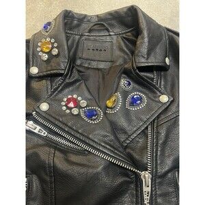 Blank NYC Leather Jacket Women XS Black Bejeweled Moto Bikercore Trucker Dazzled